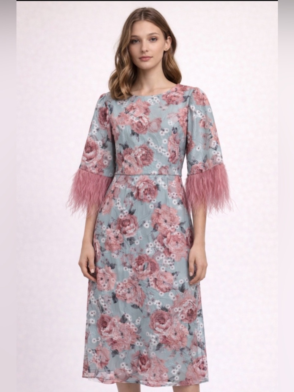 Stunning women floral Aidan Mattox size 10 Pink &Blue cusom feather sleeve Dress